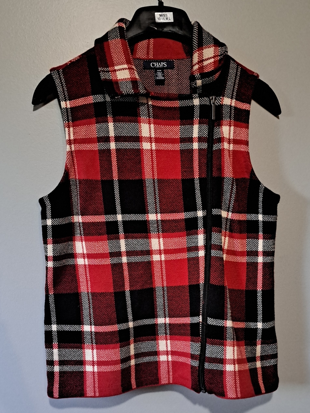 Chaps Red Black Plaid Sleeveless Hoodie Vest 100% Cotton Y2k Gorpcore